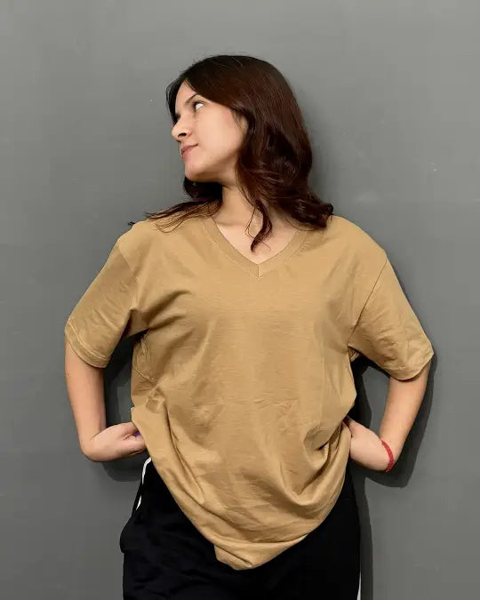 Camel Plain V-Neck Oversize T-Shirt