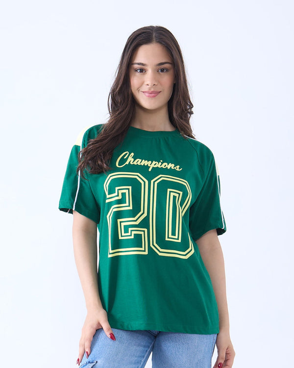 Champions Downtown Oversize T-Shirt - green oversized tee with bold 20 graphic, worn by model