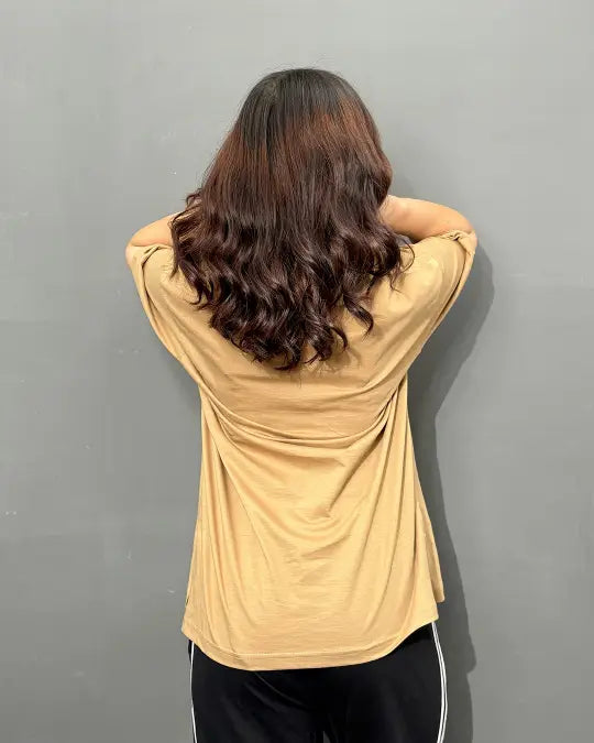 Camel Plain V-Neck Oversize T-Shirt