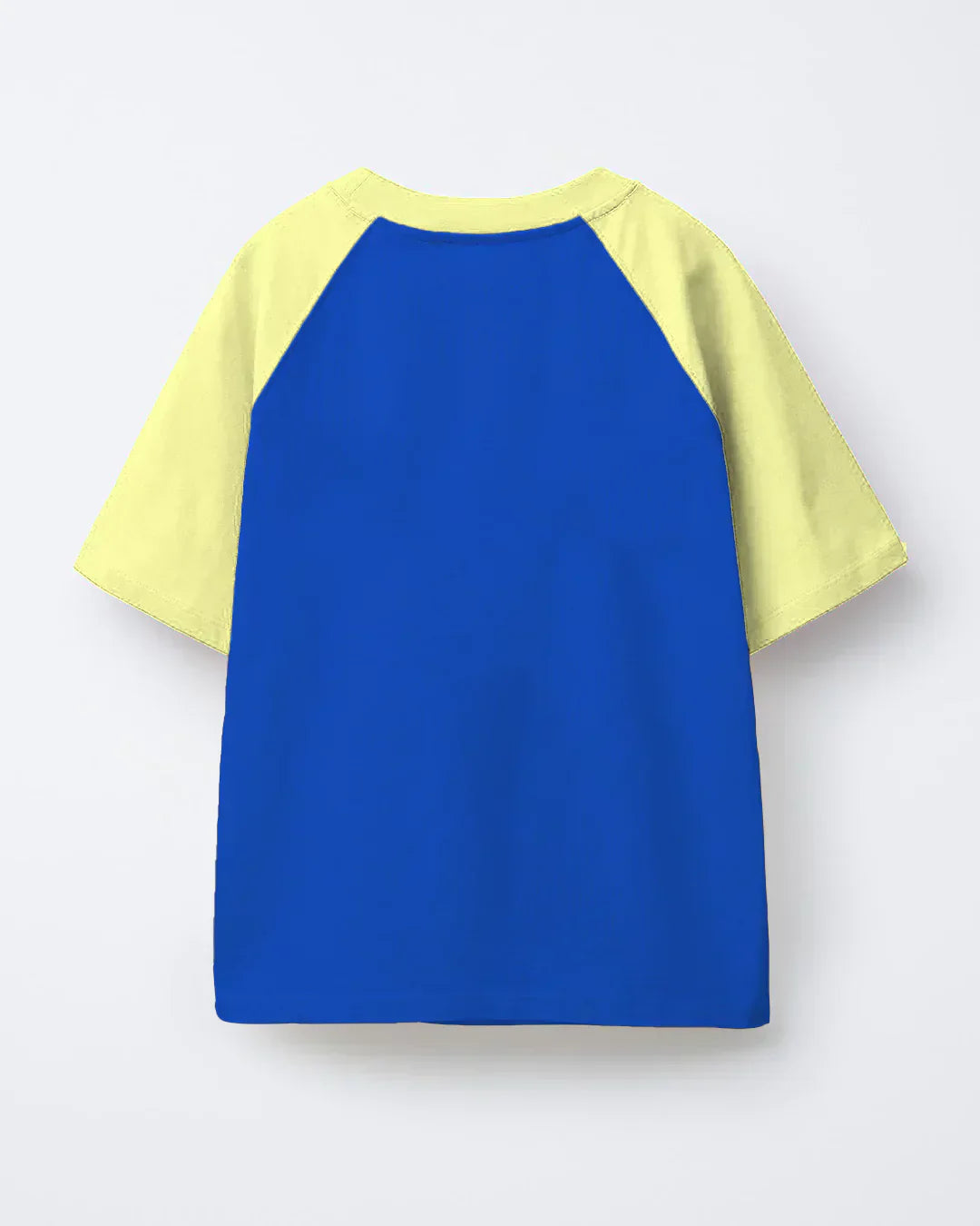 56 Raglan Oversized T-Shirt – blue body with pale yellow raglan sleeves, flat lay