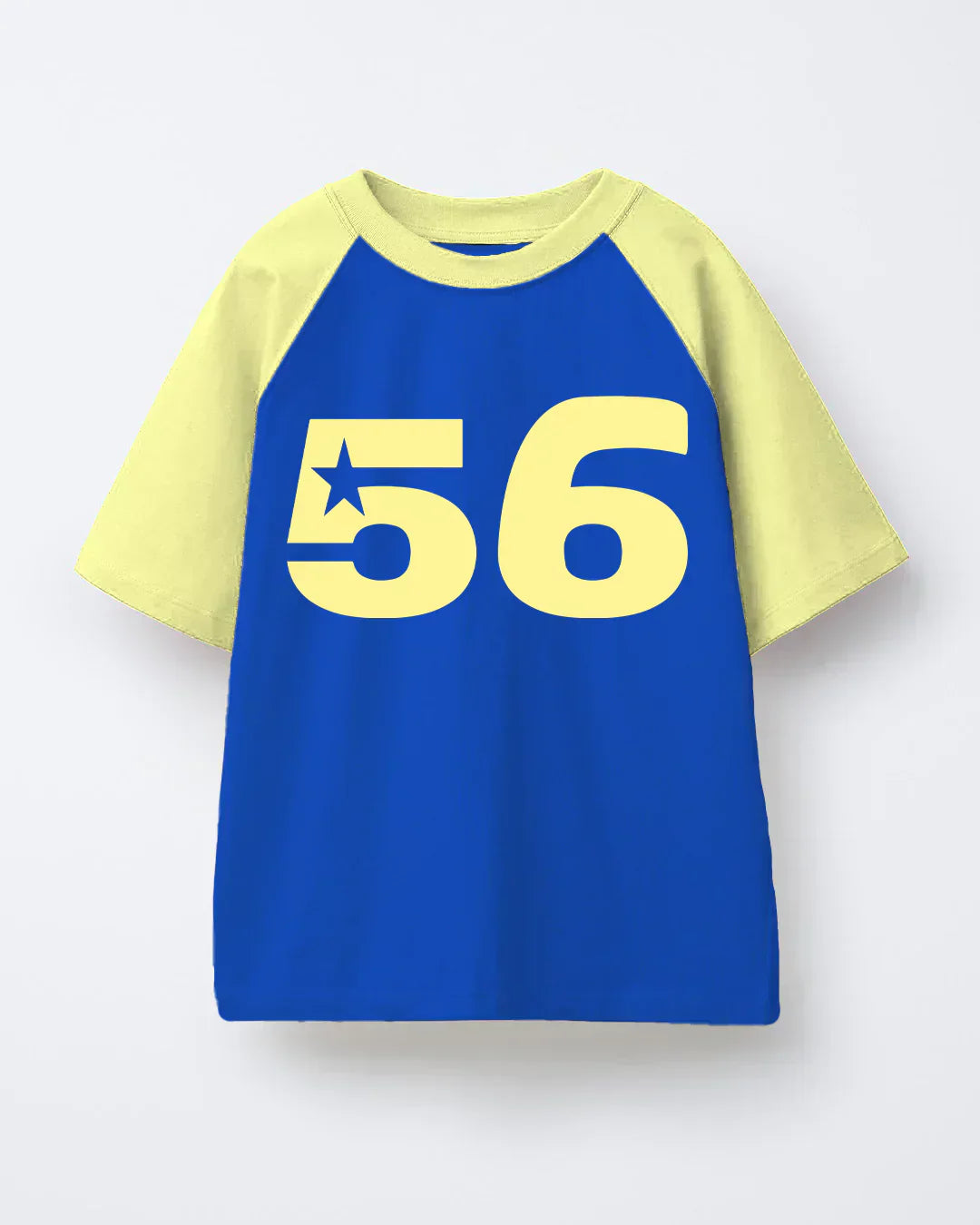 56 Raglan Oversized T-Shirt – blue body with yellow raglan sleeves and a bold yellow 56 graphic with star, flat lay