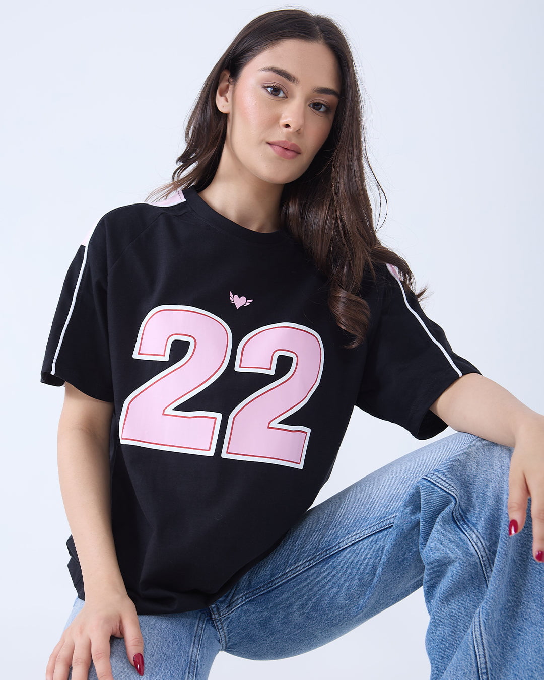 22 Downtown Oversized T-Shirt - black oversized tee with pink 22 graphic, worn by model