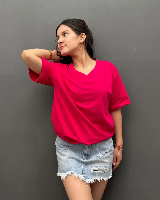 RB Hot Pink Plain V-Neck Oversize T-Shirt