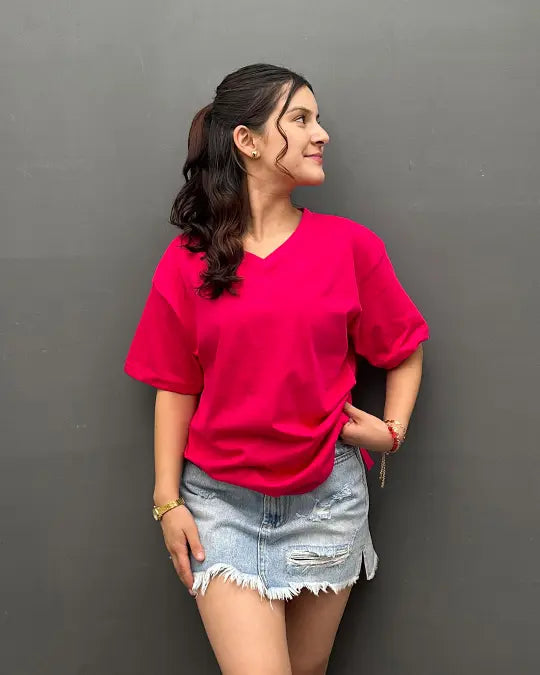 RB Hot Pink Plain V-Neck Oversize T-Shirt
