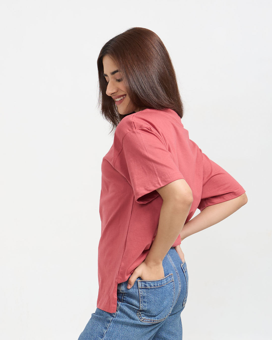 Brick Plain V-Neck Oversized T-Shirt