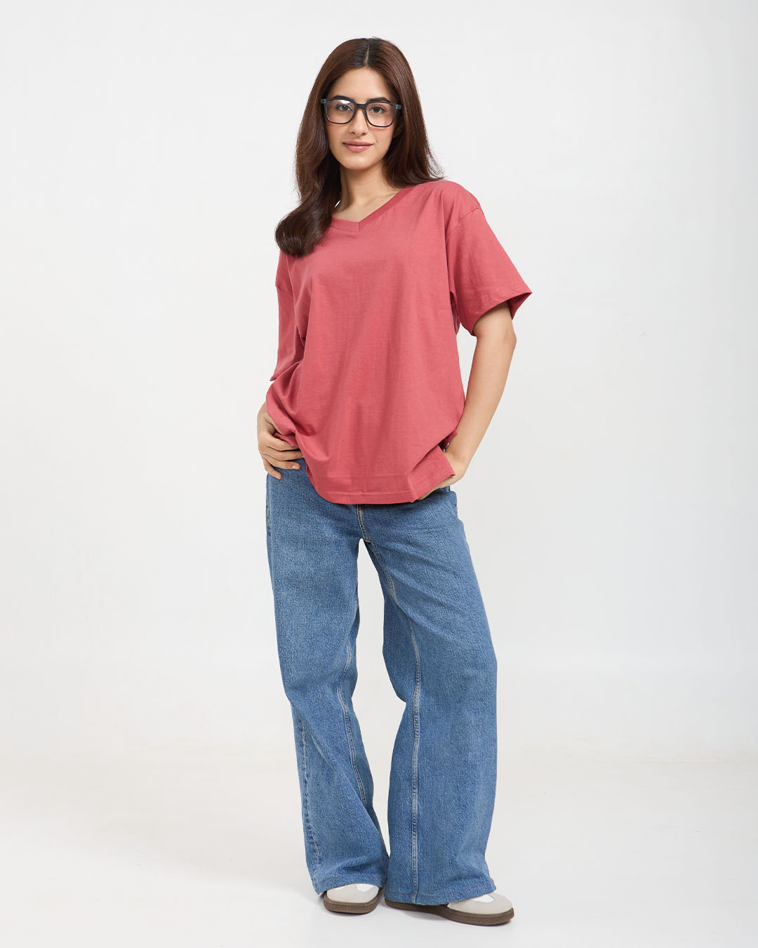 Brick Plain V-Neck Oversized T-Shirt