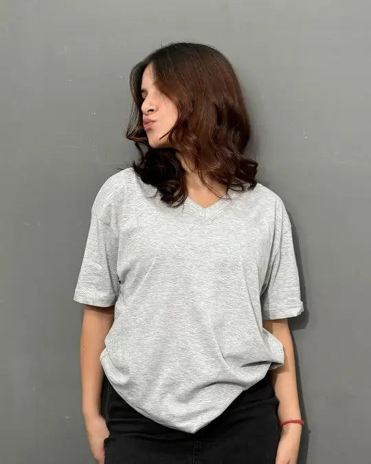 Grey Melange Plain V-Neck Oversized T-Shirt