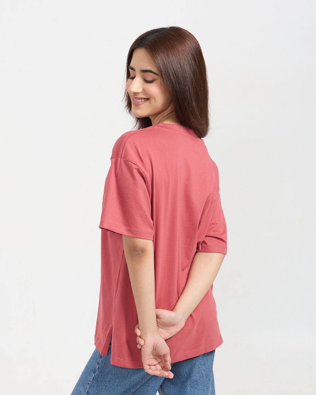 Brick Plain V-Neck Oversized T-Shirt