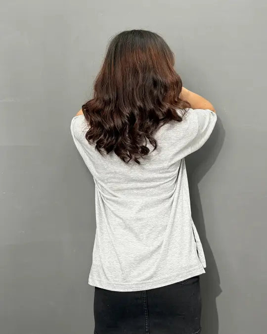 Grey Melange Plain V-Neck Oversized T-Shirt
