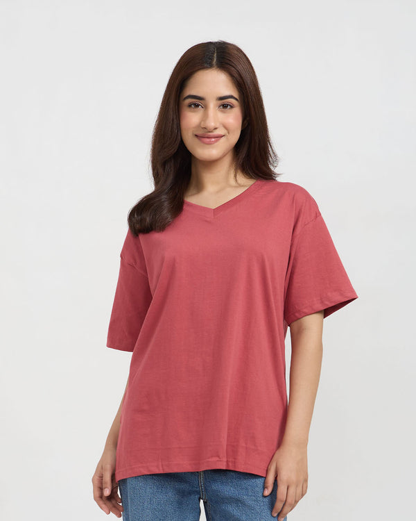 Brick Plain V-Neck Oversized T-Shirt