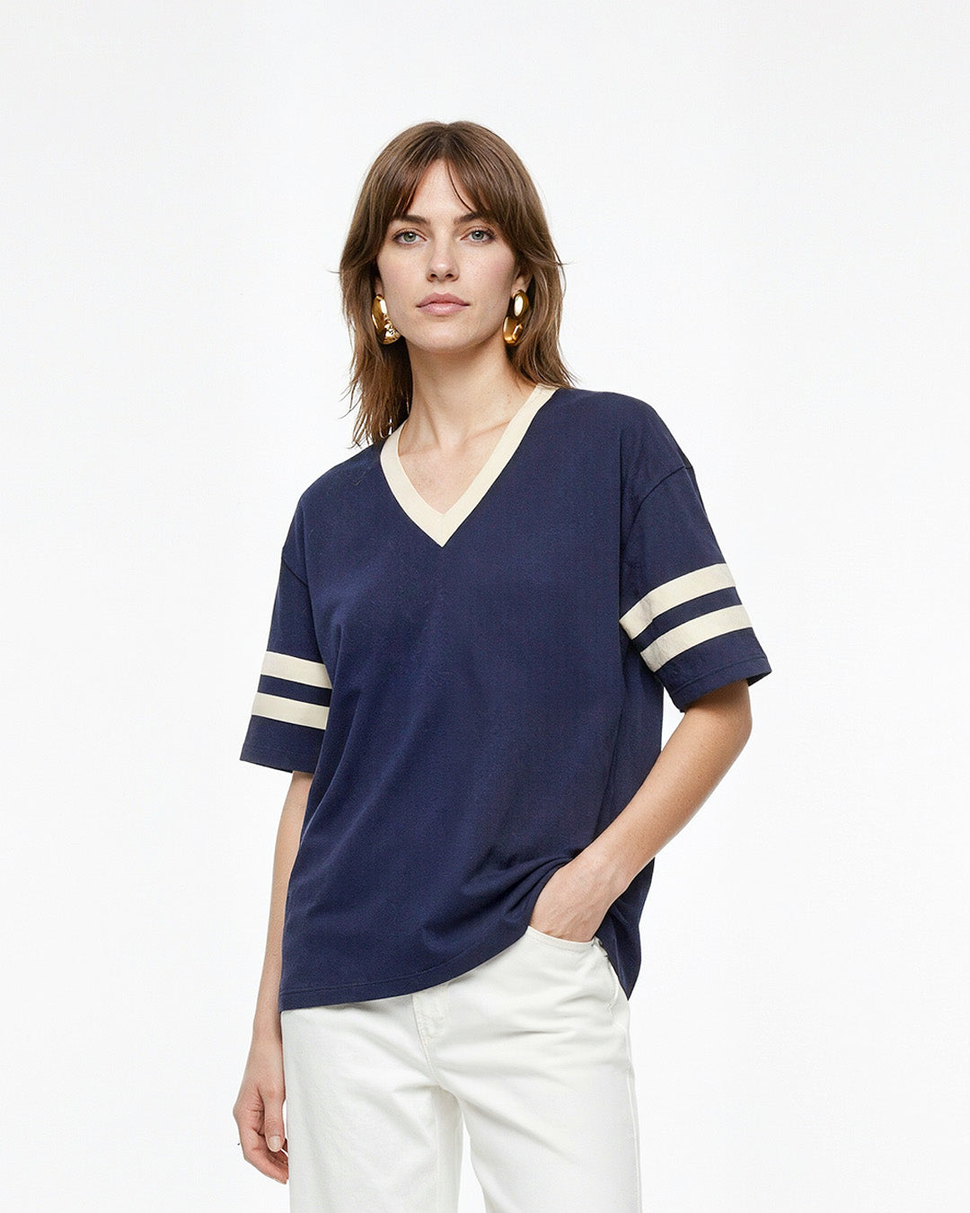 Navy Blue Courtside V-Neck Plain Oversize T-Shirt
