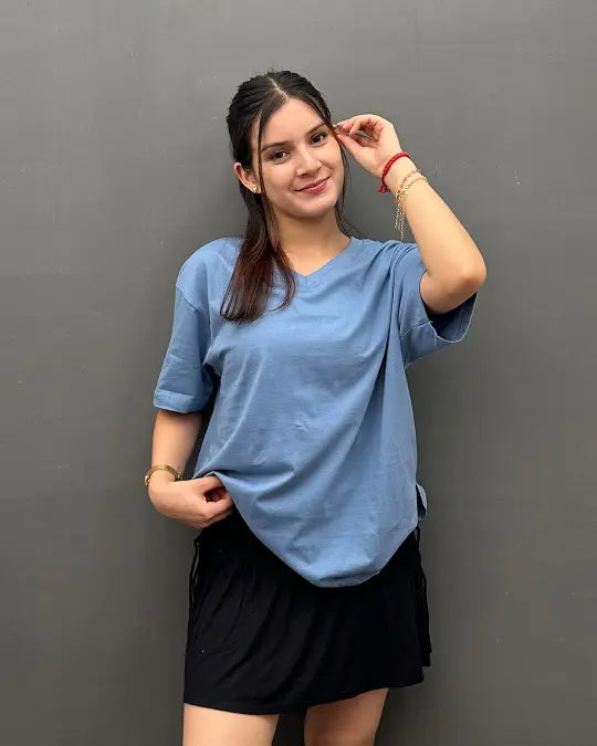 Cobalt Blue Plain V-Neck Oversized T-Shirt