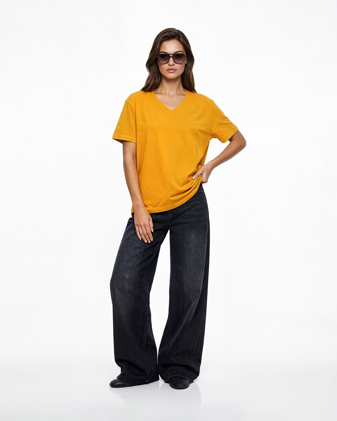Mustard Plain V-Neck Oversized T-Shirt