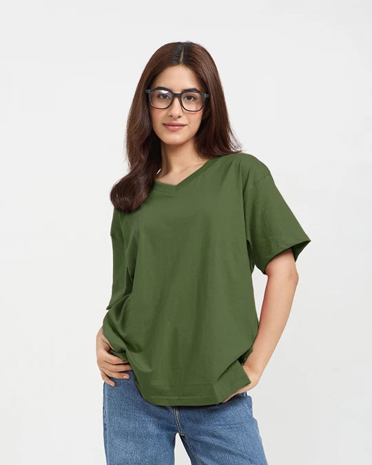 Olive Green Plain V-Neck Oversize T-Shirt