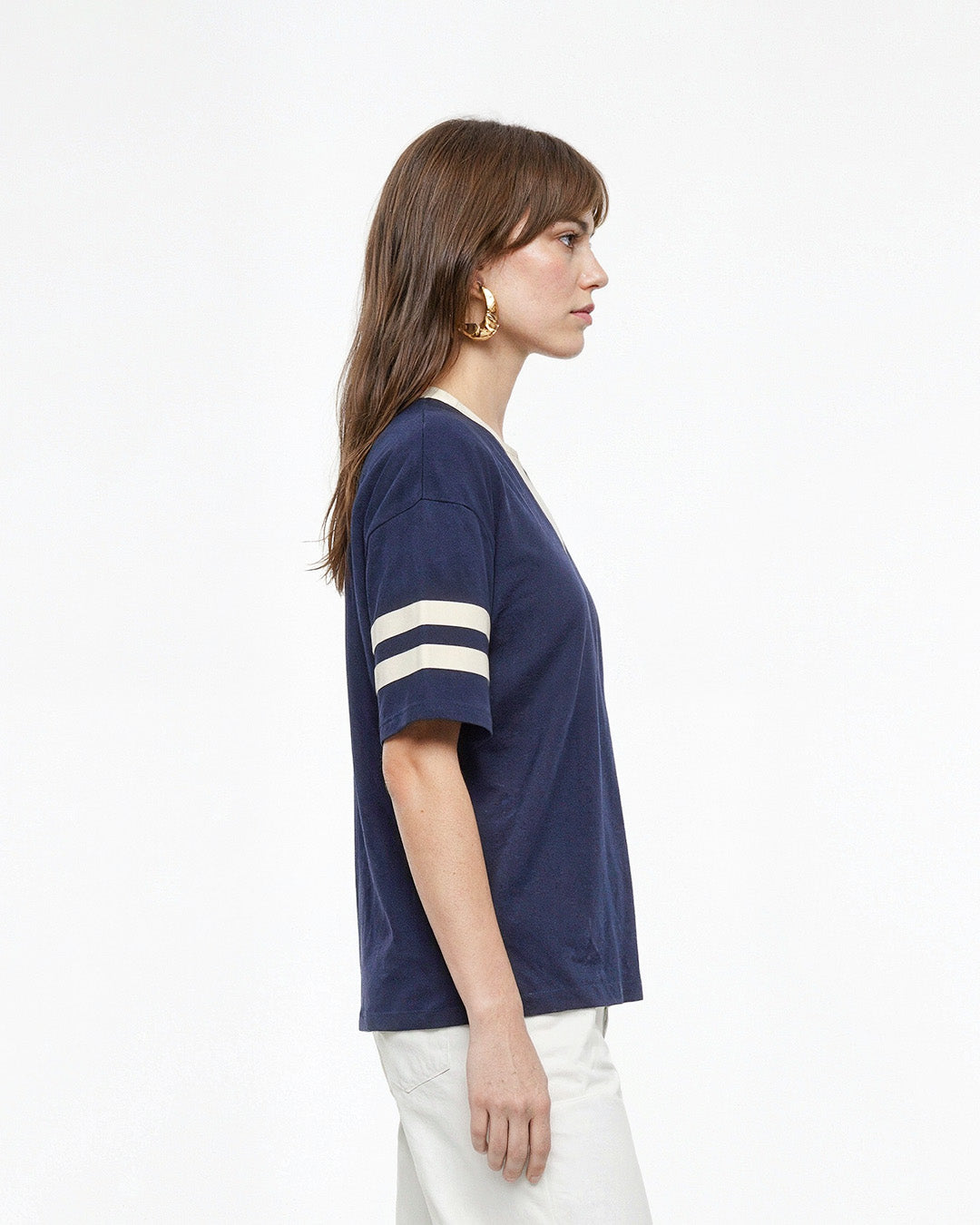 Navy Blue Courtside V-Neck Plain Oversize T-Shirt