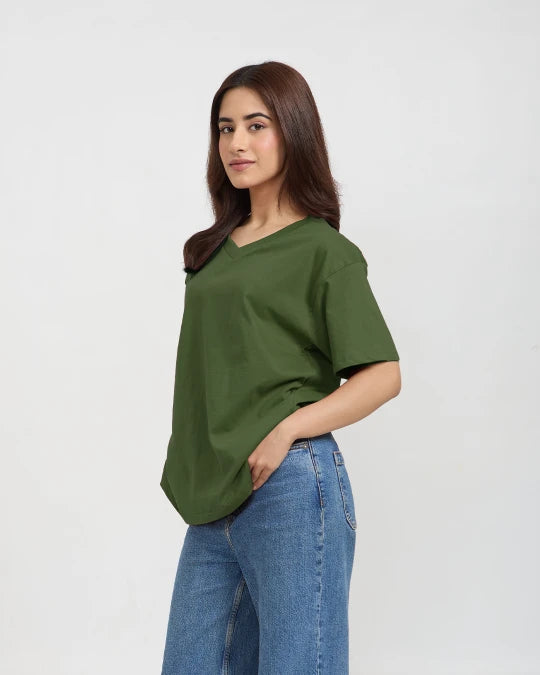 Olive Green Plain V-Neck Oversize T-Shirt