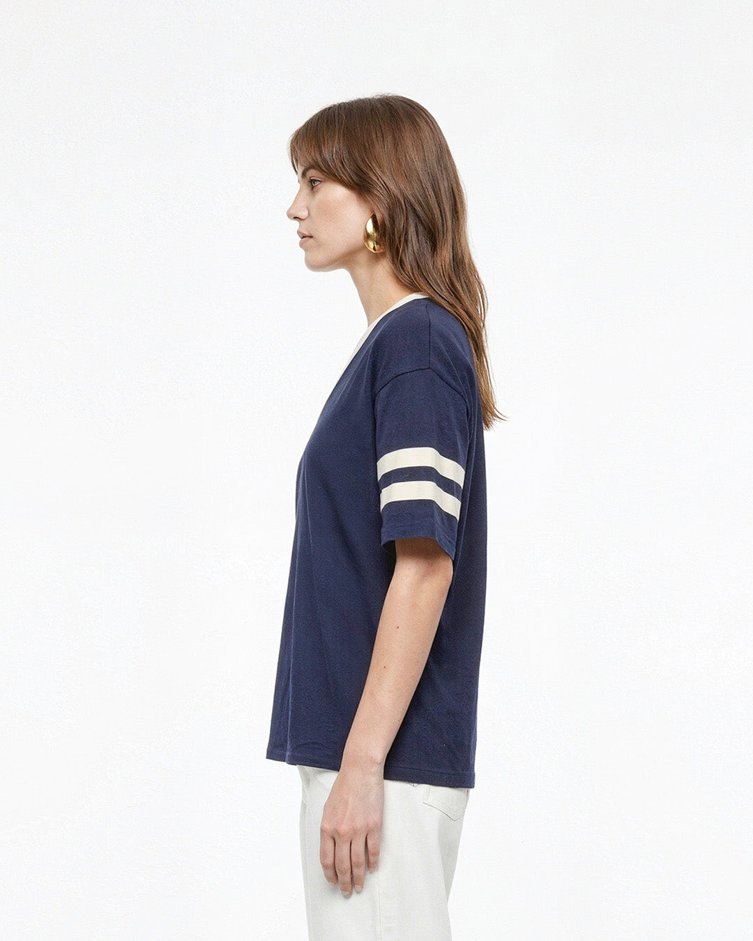 Navy Blue Courtside V-Neck Plain Oversize T-Shirt