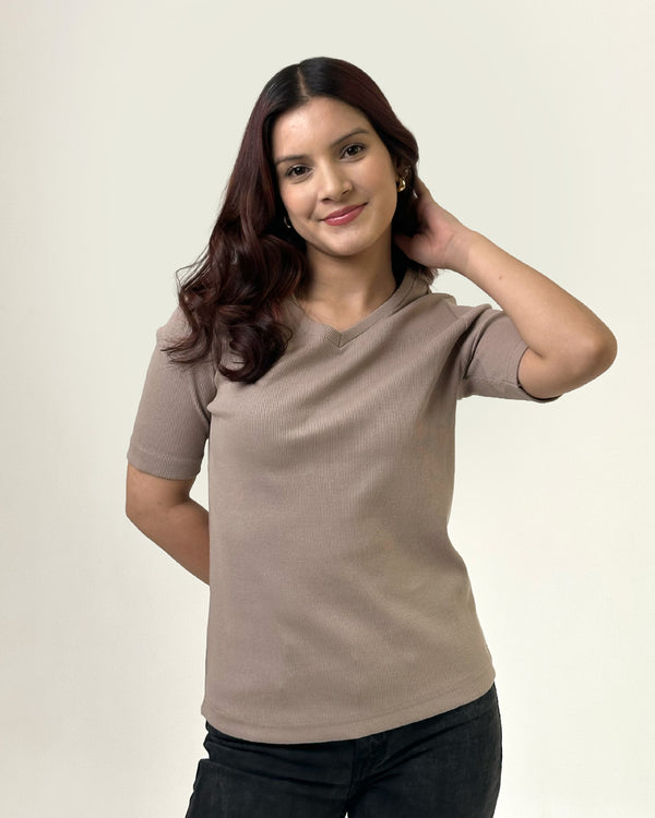 Camel V-Neck Ribbed Top