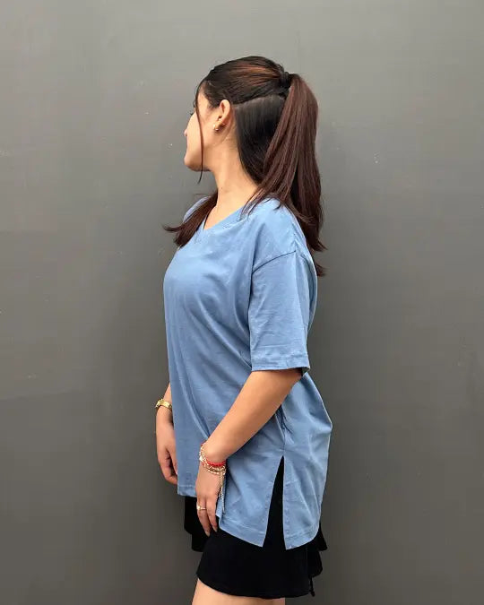 RB Dusky Blue Plain V-Neck Oversize T-Shirt
