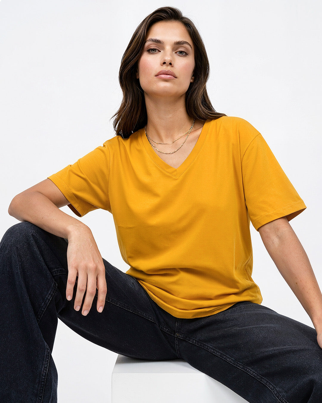 Mustard Plain V-Neck Oversized T-Shirt