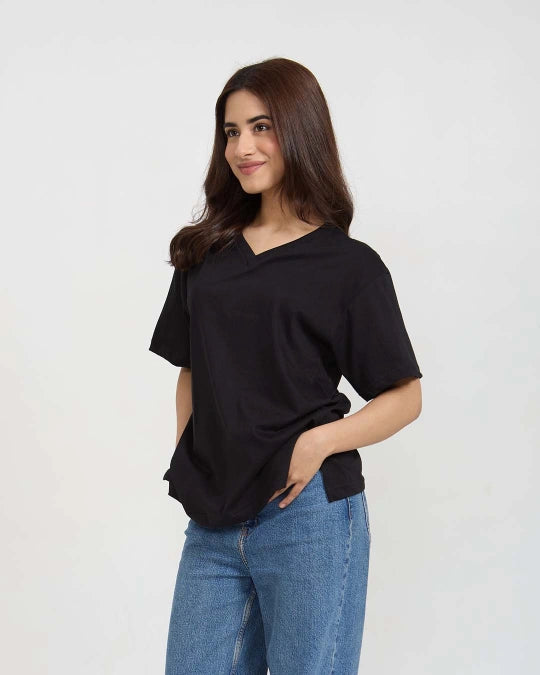 Black Plain V-Neck Oversize T-Shirt