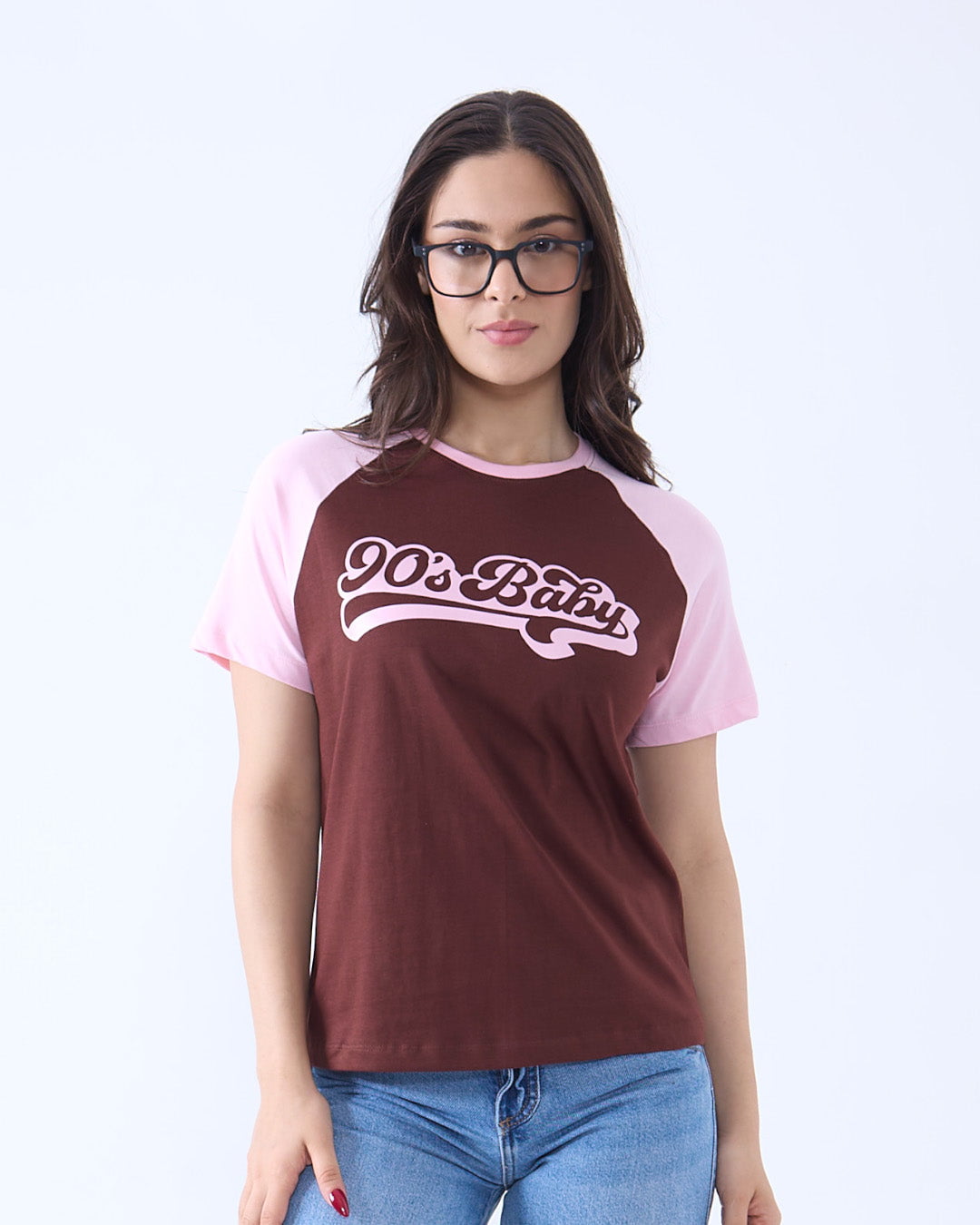 90's Baby Raglan T-Shirt – maroon body with pink sleeves, white 90's Baby script, worn by model
