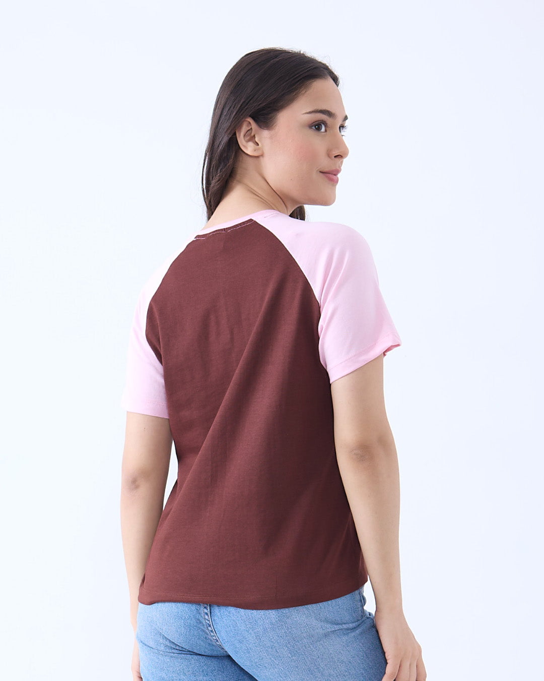 90's Baby Raglan T-Shirt – maroon body with pinkraglan sleeves, regular-fit tee worn by model