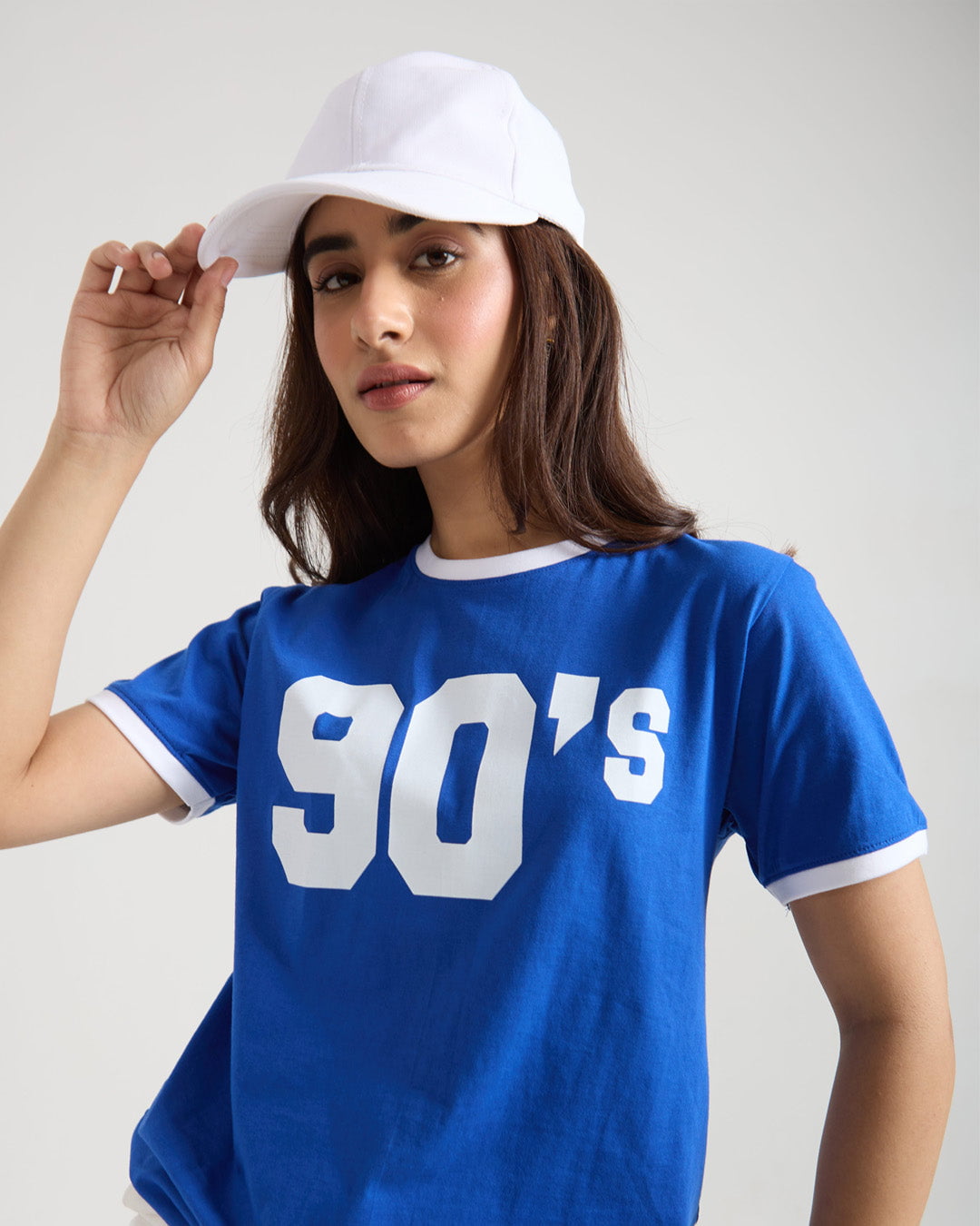 90s Tap Out T-Shirt – blue regular tee with bold white 90s print and white sleeve trims, worn by model
