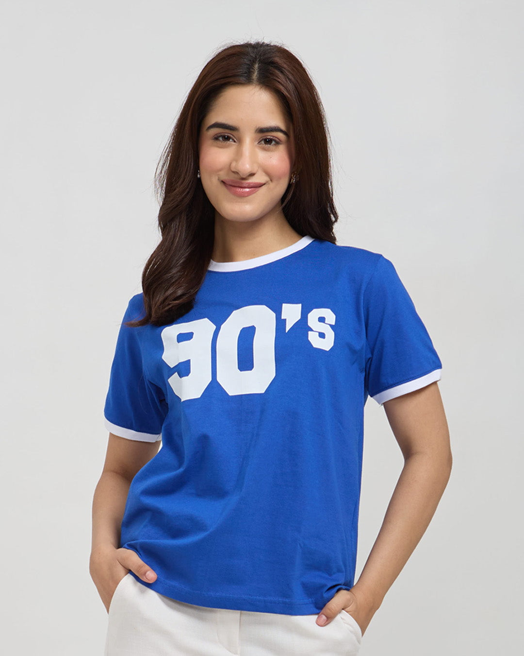90s Tap Out T-Shirt by DKY – blue regular tee with white trim and '90's' graphic, worn by model