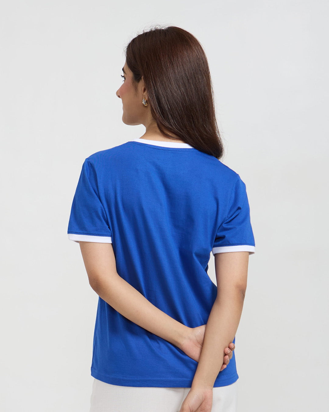 90s Tap Out T-Shirt - royal blue regular tee with white trim at sleeves and neckline, worn by model