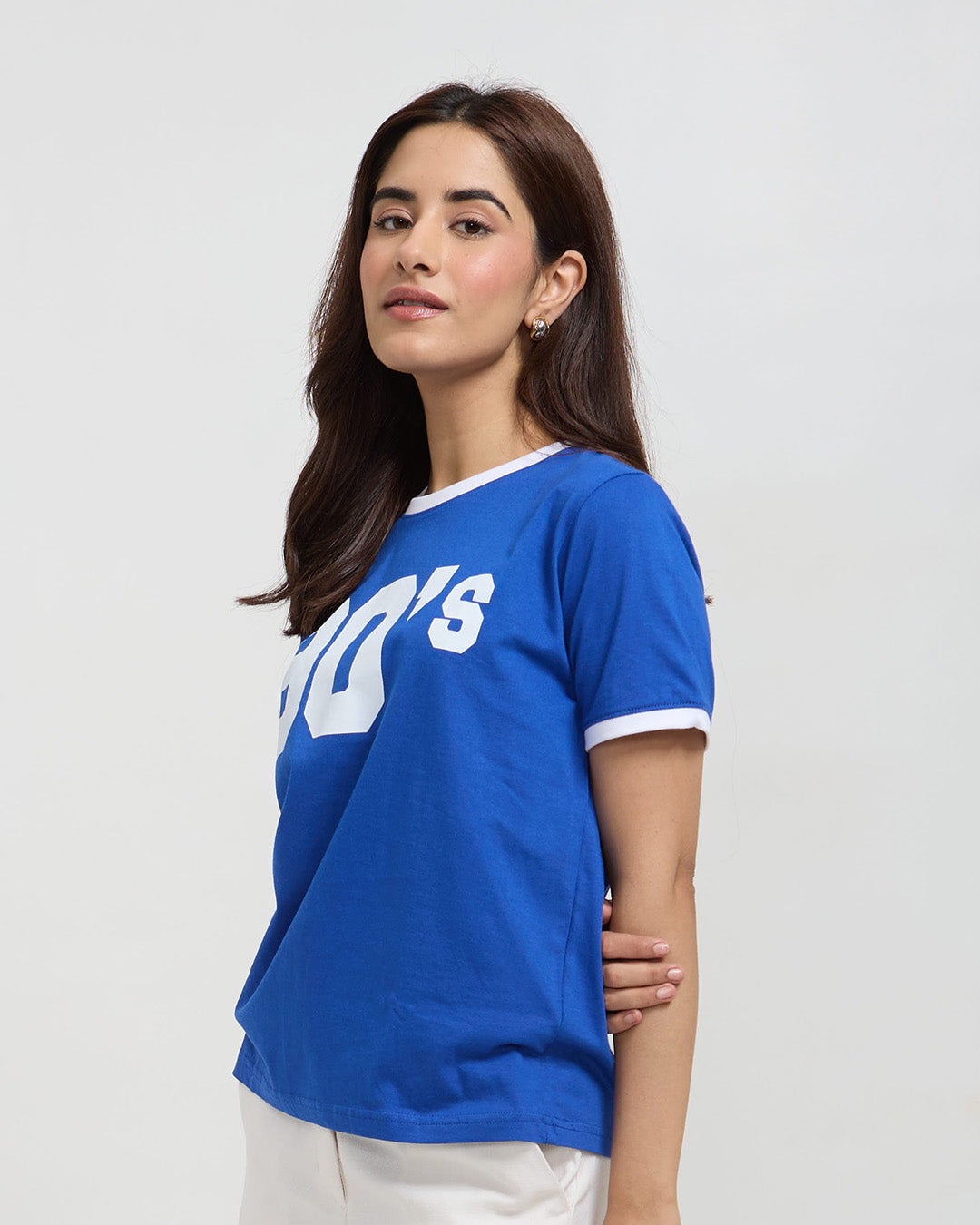 90s Tap Out T-Shirt - blue regular tee with white collar and sleeve trim, front graphic, worn by model