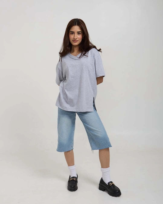 Grey Melange Plain V-Neck Oversized T-Shirt