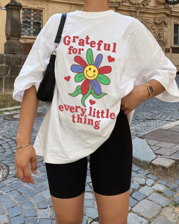 Lovedky, grateful for every little thing, white oversized printed tshirt, 100% cotton, graphic tee, unisex oversized tee shirt