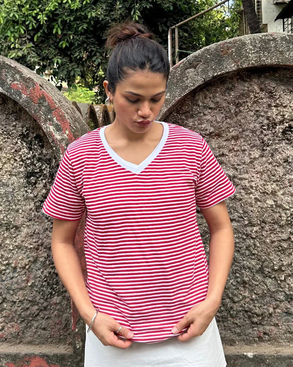 R&W Stripe V-Neck T-Shirt for Women Online In India | DKY