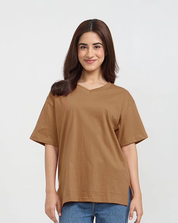 Tan Plain V-Neck Oversize T-Shirt