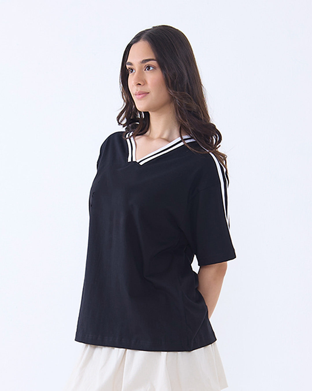 Black Jersey Plain V-Neck Oversize T-Shirt