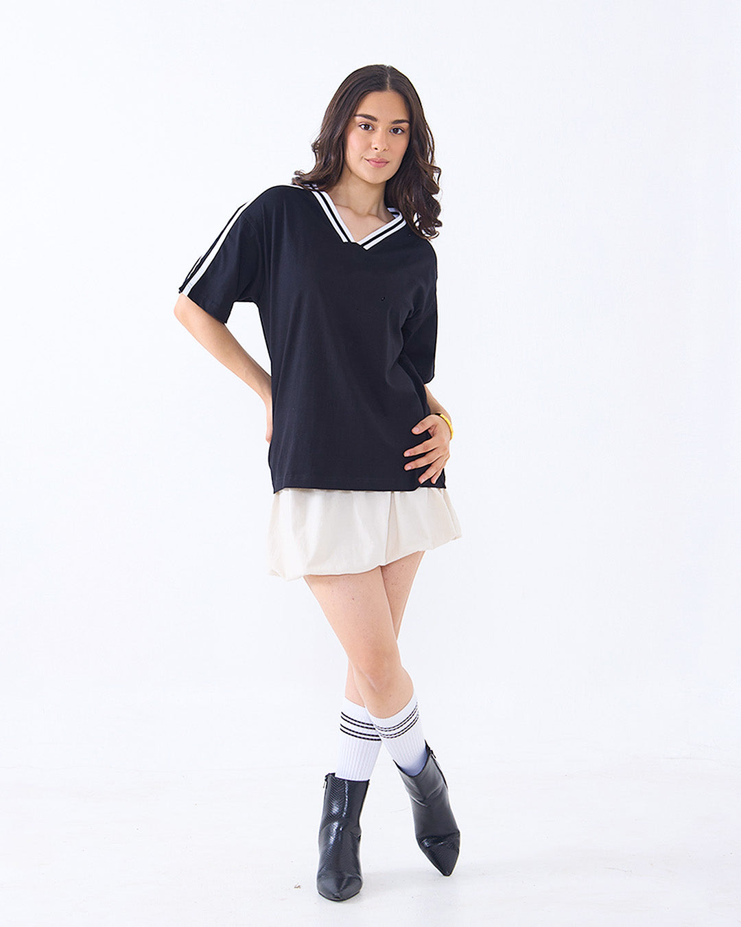 Black Jersey Plain V-Neck Oversize T-Shirt