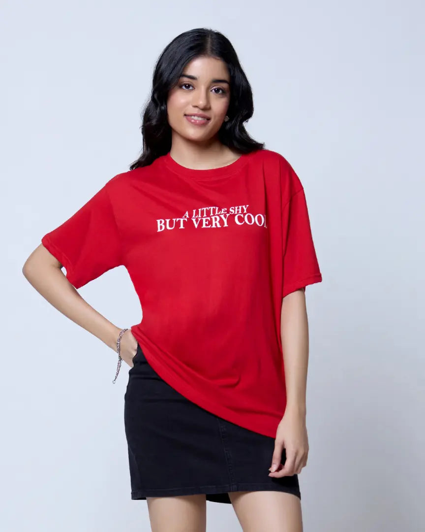 A Little Shy But Very Cool Oversized T-Shirt – red OS Minimal with relaxed fit and white front text, worn by model