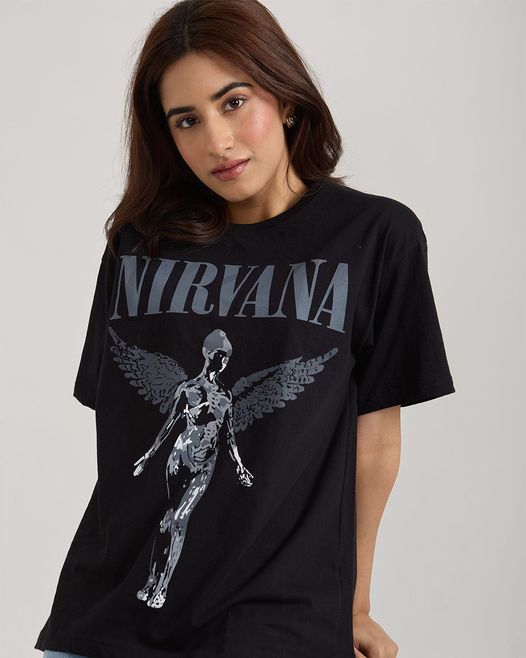 Angel Wings Oversized T-Shirt – black DKY graphic tee with Nirvana wings design, worn by model
