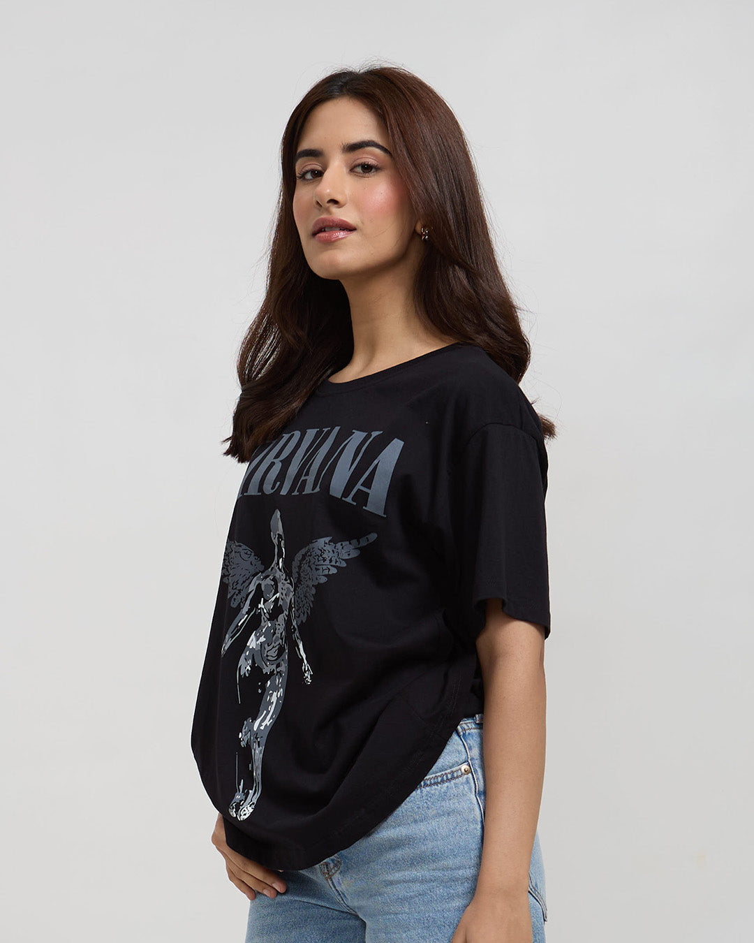 Angel Wings Oversized T-Shirt - black oversized t-shirt with NIRVANA angel wings graphic, worn by model