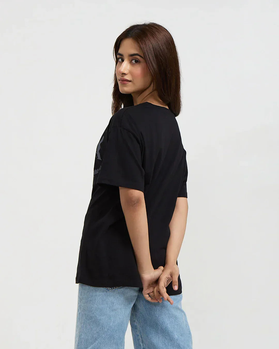 Arlo Angel Oversized T-Shirt – black 100% cotton tee, oversized fit, worn by model
