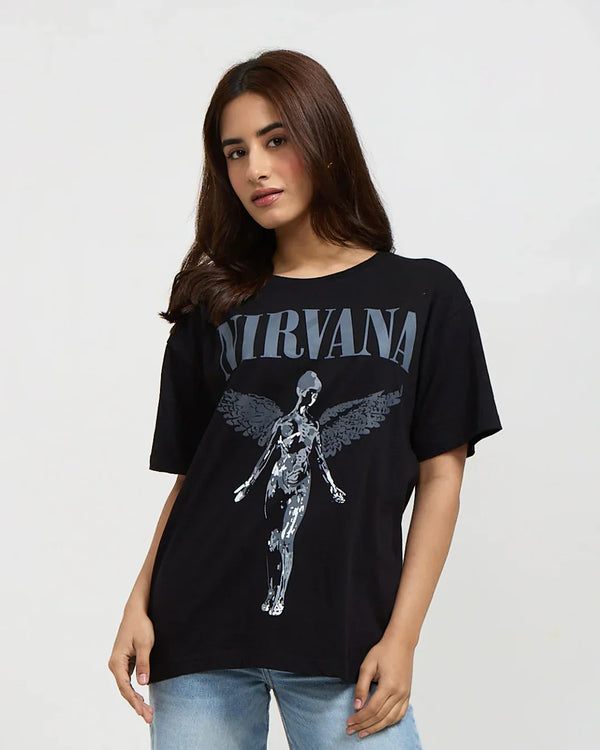 Arlo Angel Oversized T-Shirt - black 100% cotton tee with Nirvana angel wings graphic, worn by model