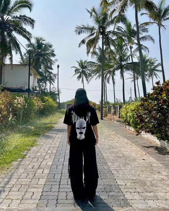 Arlo Black Gangster Oversized T-Shirt – black oversized t-shirt with a white back graphic, worn by model