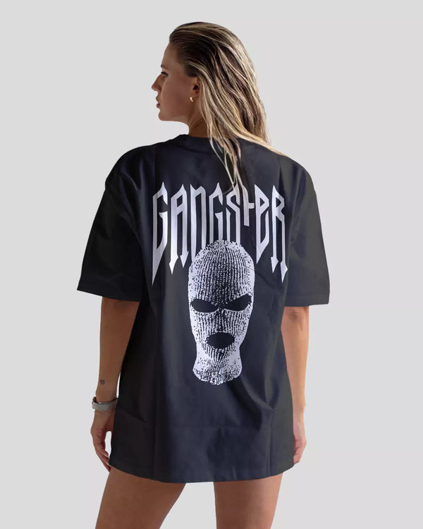 Arlo Black Gangster Oversized T-Shirt – black oversized tee with bold GANGSTER lettering and back mask graphic, worn by model