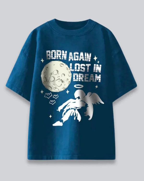 Arlo Born Again Oversized T-Shirt – blue graphic tee with moon, angel wings, and bold text