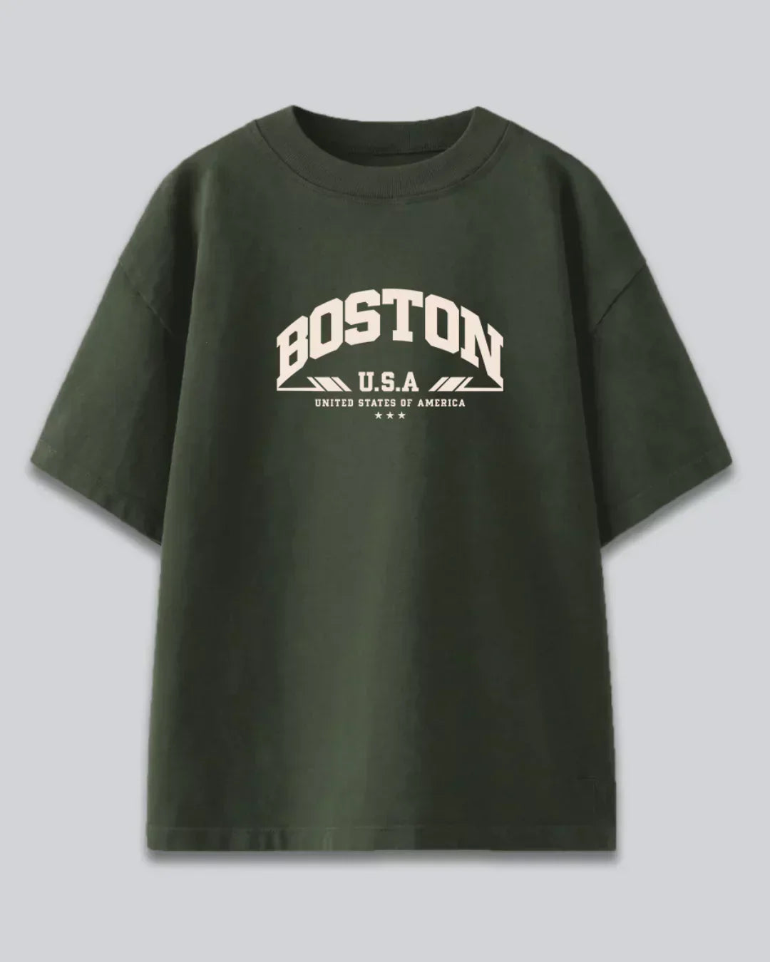 Arlo Boston Oversized T-Shirt – olive green, 100% cotton tee with white Boston U.S.A graphic, flat lay
