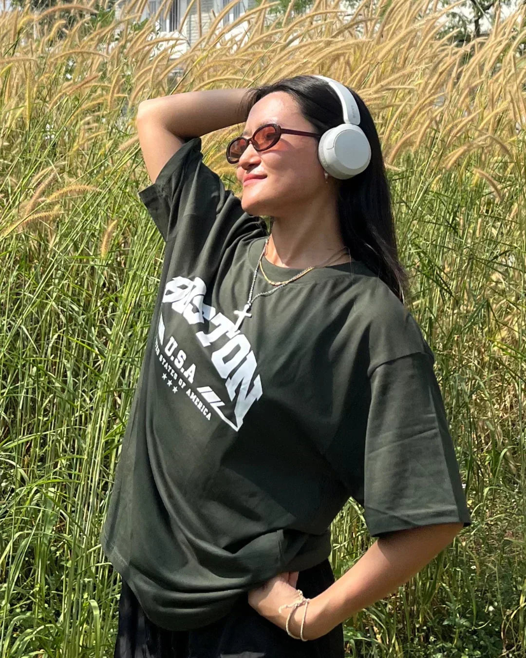 Arlo Boston Oversized T-Shirt - dark green oversized T-shirt with white BOSTON graphic, worn by model