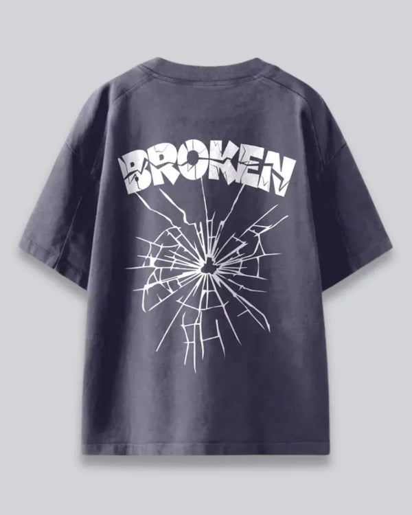 Arlo BR Grey Oversized T-Shirt – grey oversized tee with white shattered-glass back graphic and bold text on back