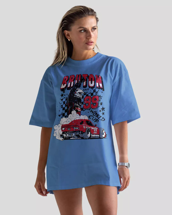 Arlo Bruton Oversized T-Shirt - blue tee with race car graphic, worn by model