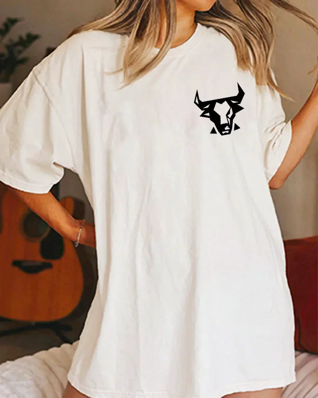 Arlo Bull Oversized Tshirt – white 100% cotton oversized tee with black bull graphic on chest, worn by model